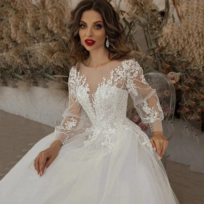 Exquisite Ivory Wedding Dresses Long Sleeve Appliques Lace 3D Flowers Modern Tulle Boho Bride Gown vestidos de novia Beach (ZD13345)
