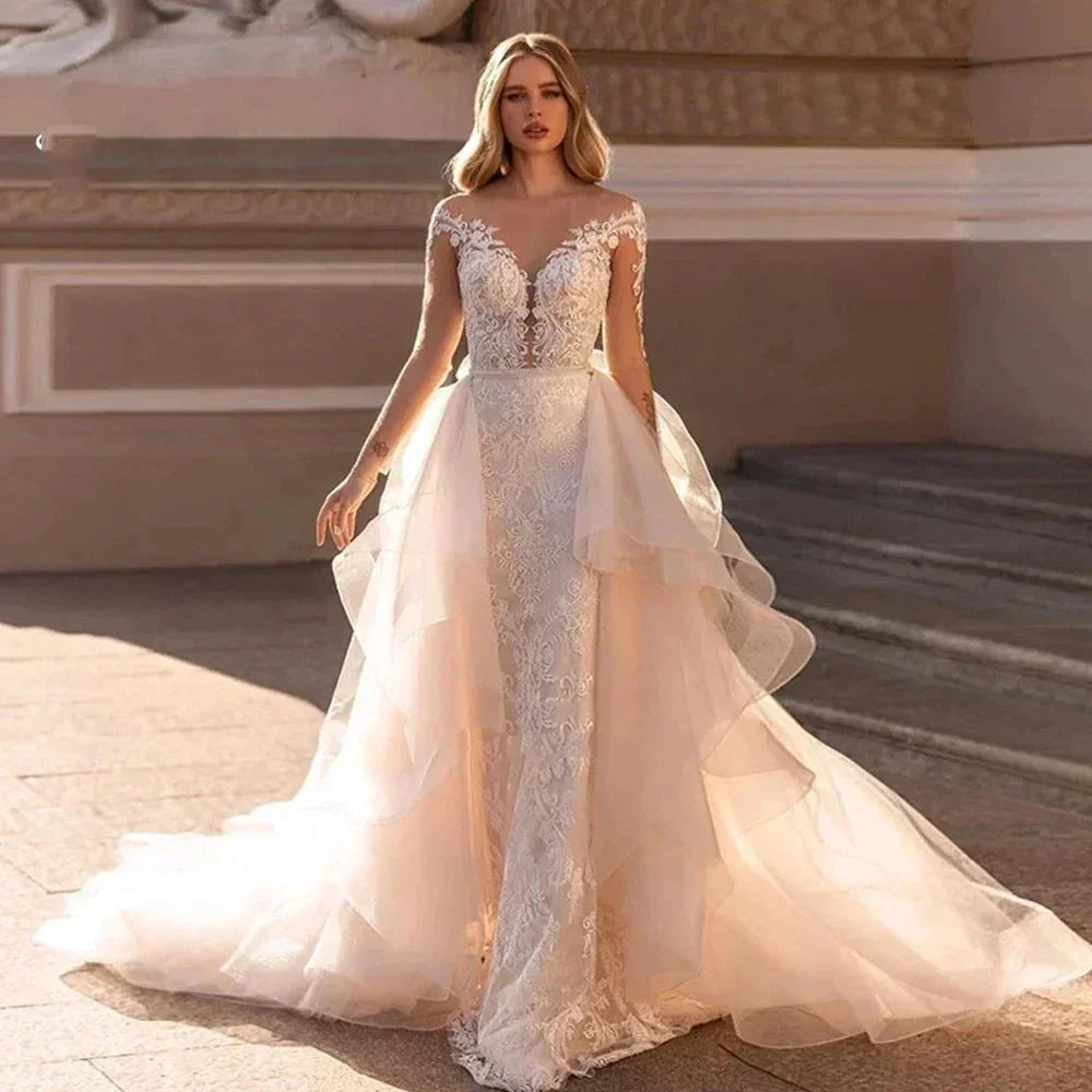 Exquisite Lace Mermaid Mopping Wedding Dresses New V-Neck Tulle Bridal Gown For Women With For Women Made Robe Customize by payinti