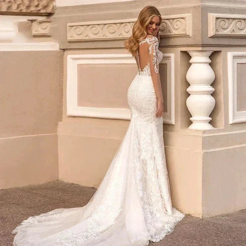 Exquisite Lace Mermaid Mopping Wedding Dresses New V-Neck Tulle Bridal Gown For Women With For Women Made Robe Customize (ZD14240)