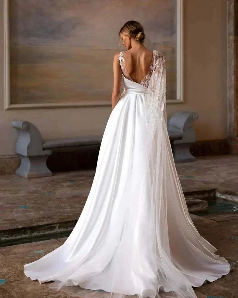 Exquisite Off Shoulder With Sleeves Beach A-Line Fluffy Mopping Sexy Backless Wedding Dresses Lace Backless Court Train Simple (ZD14232)