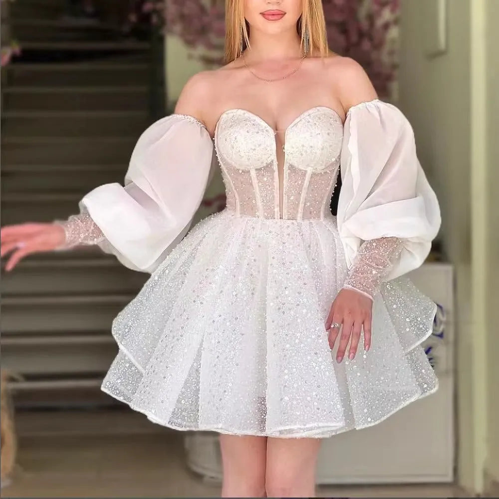 Hearty Glitter Sequin Prom Dresses Off The Shoulder Puff Sleeves Above Knee Homecoming Dresses vestidos de graduación