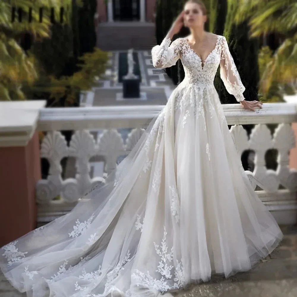 Exquisite Wedding Dresses For Women V Neck Lace Applique A Line Bridal Gowns With Long Puff Sleeves Vestido De Noiva by payinti