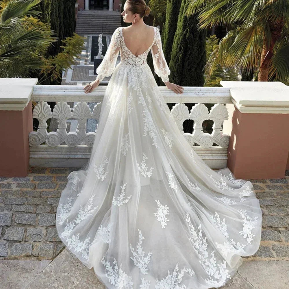 Exquisite Wedding Dresses For Women V Neck Lace Applique A Line Bridal Gowns With Long Puff Sleeves Vestido De Noiva (ZD14072)