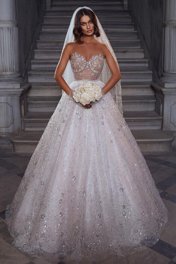 Eye-catching Strapless Crystal White Tulle Lace A-Line Wedding Dresses