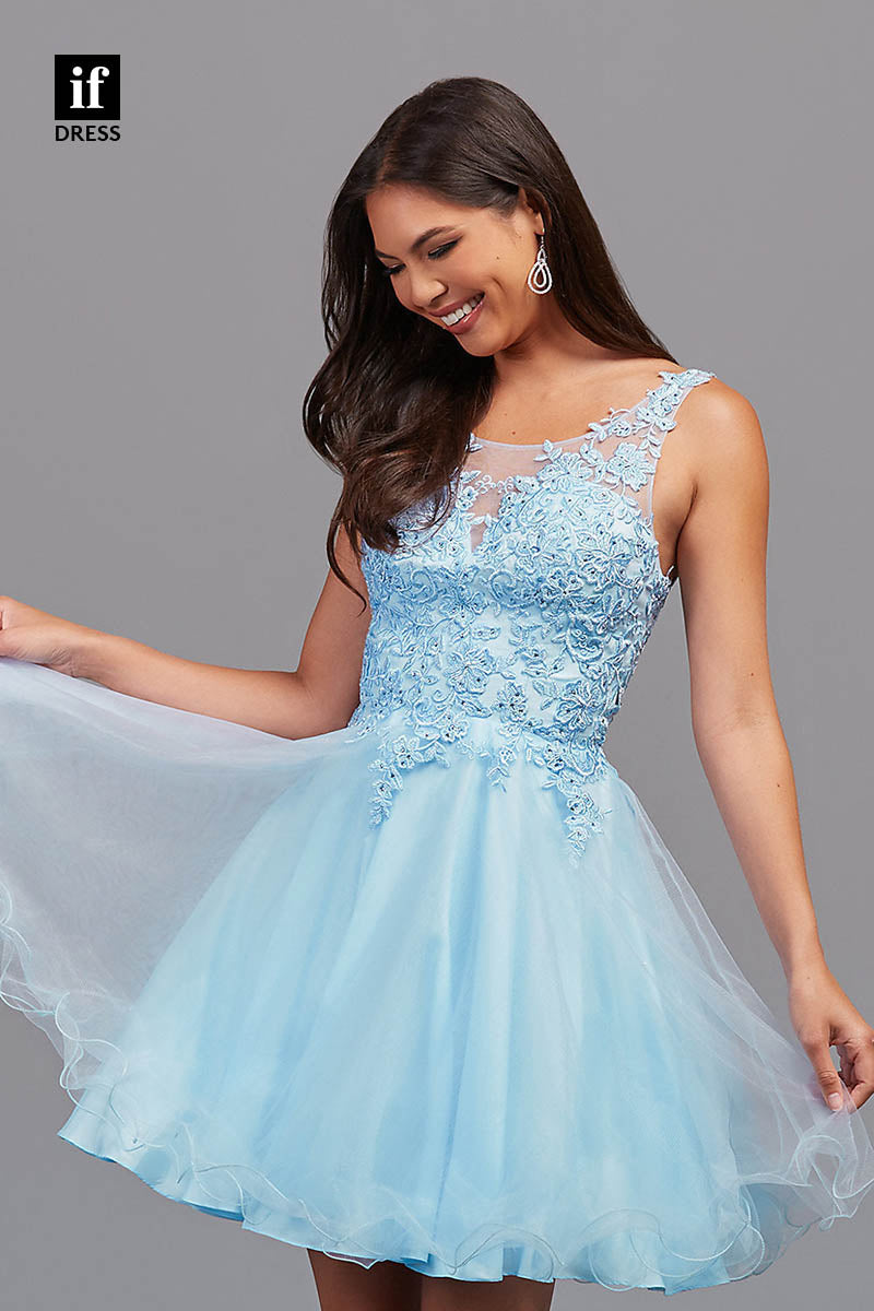 F1357 - Sweet A-Line Scoop Lace Appliques Mini Homecoming Graduation Dress