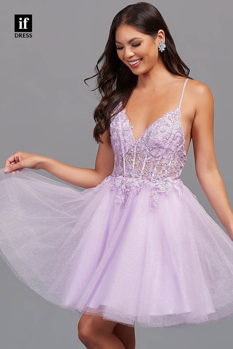 F1355 - Delicate V-Neck Appliques A-Line Short Party Homecoming Graduation Dress