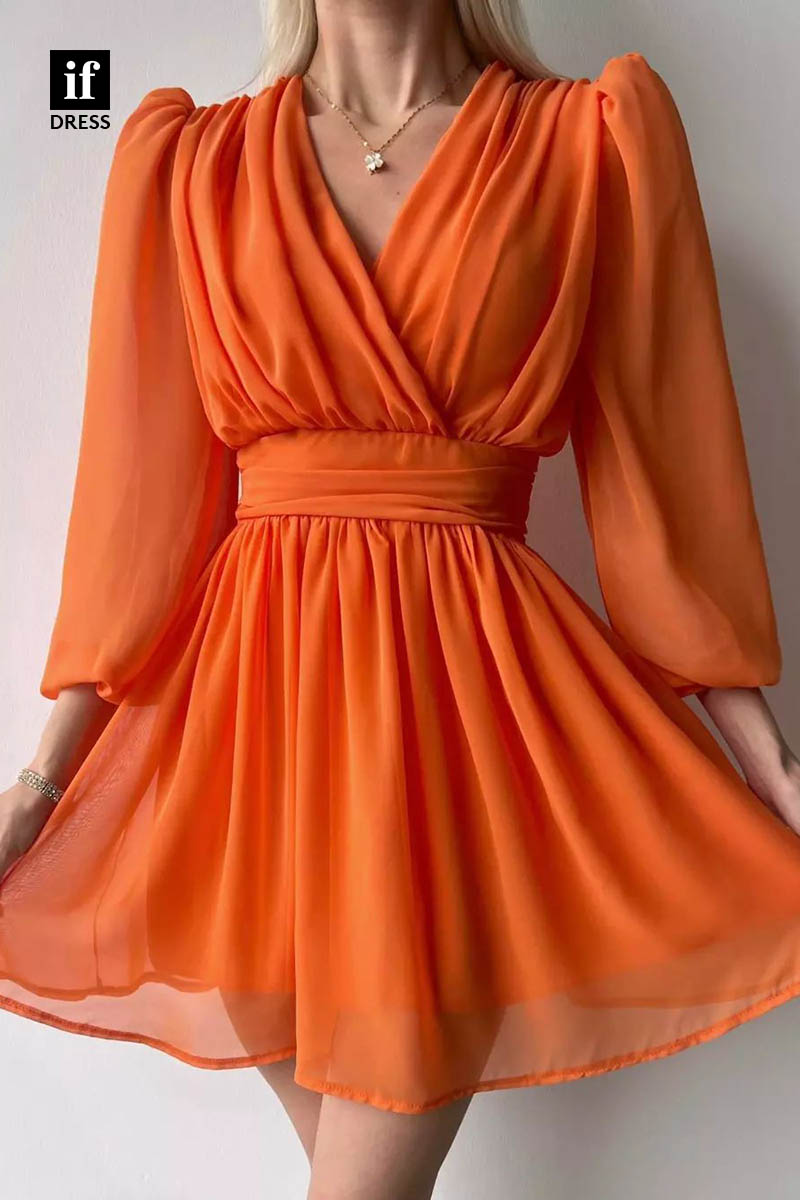 F1364 - Distinctive A-Line Pleats Long Sleeves Short Party Homecoming Dress