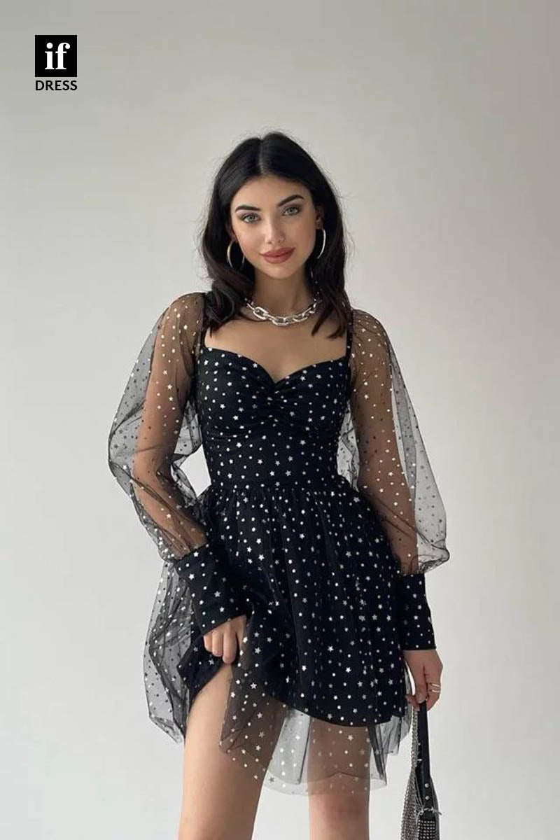 F1366 - Stunning A-Line Long Sleeves Star Mini Party Homecoming Graduation Dress