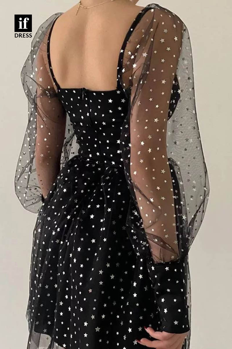 F1366 - Stunning A-Line Long Sleeves Star Mini Party Homecoming Graduation Dress