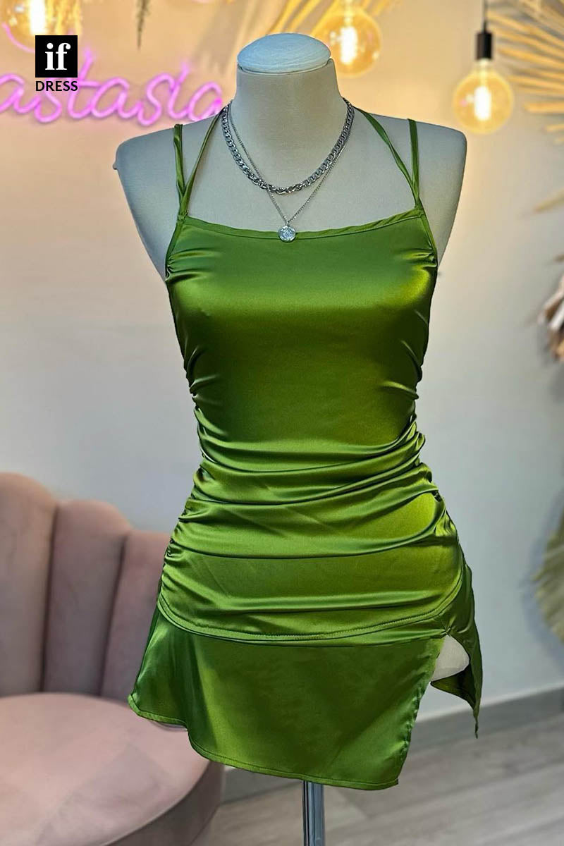 F1383 - Simple Scoop Pleats Sheath Mini Cheap Homecoming Graduation Dress