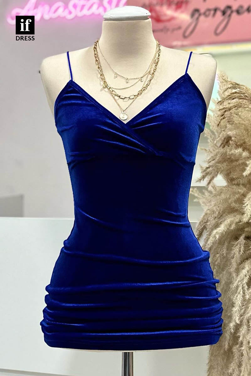 F1384 - Timeless V-Neck Pleats Velvet Short Party Homecoming Graduation Dress