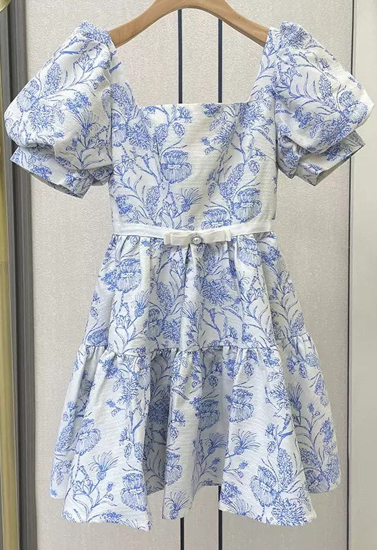 Chic Blue Satin Print Floral A-Line Short Homecoming Dress - FashionDia