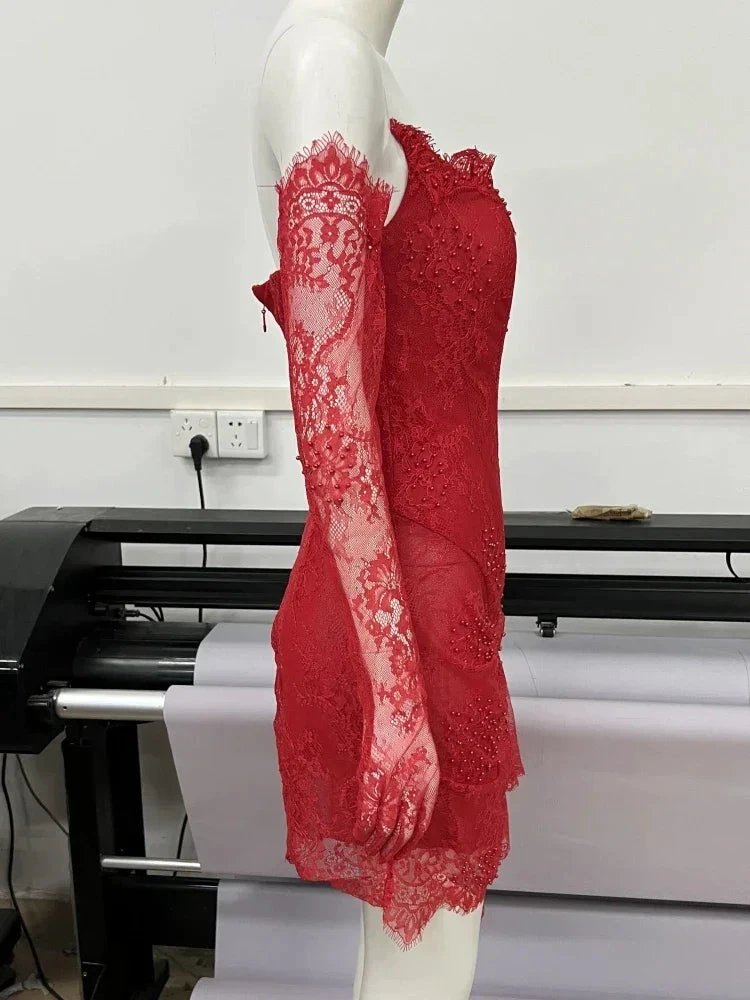 Red Lace Mini Homecoming Dress Red Party Gown (ZD11365)