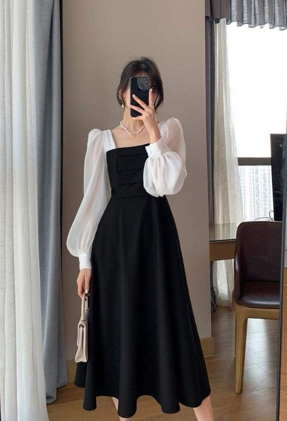 French Contrast Color Patchwork Square Neck Puff Sleeve Party Dress