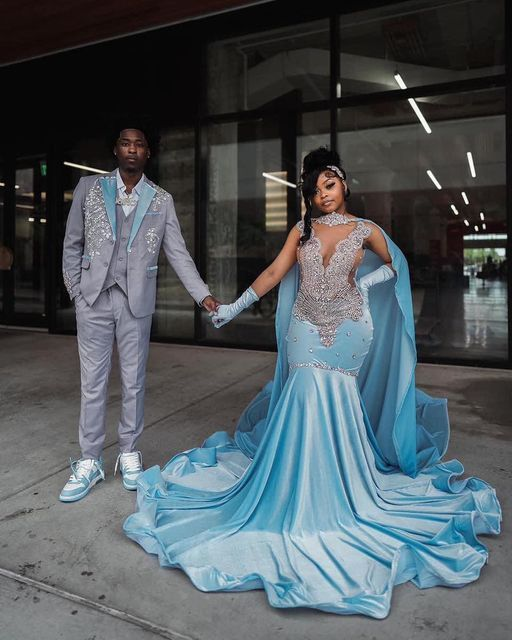 Sky Blue Velvet Silver Crystal Evening Dress Luxurious Evening Gown Y5764 - View 2 | VelvetHem