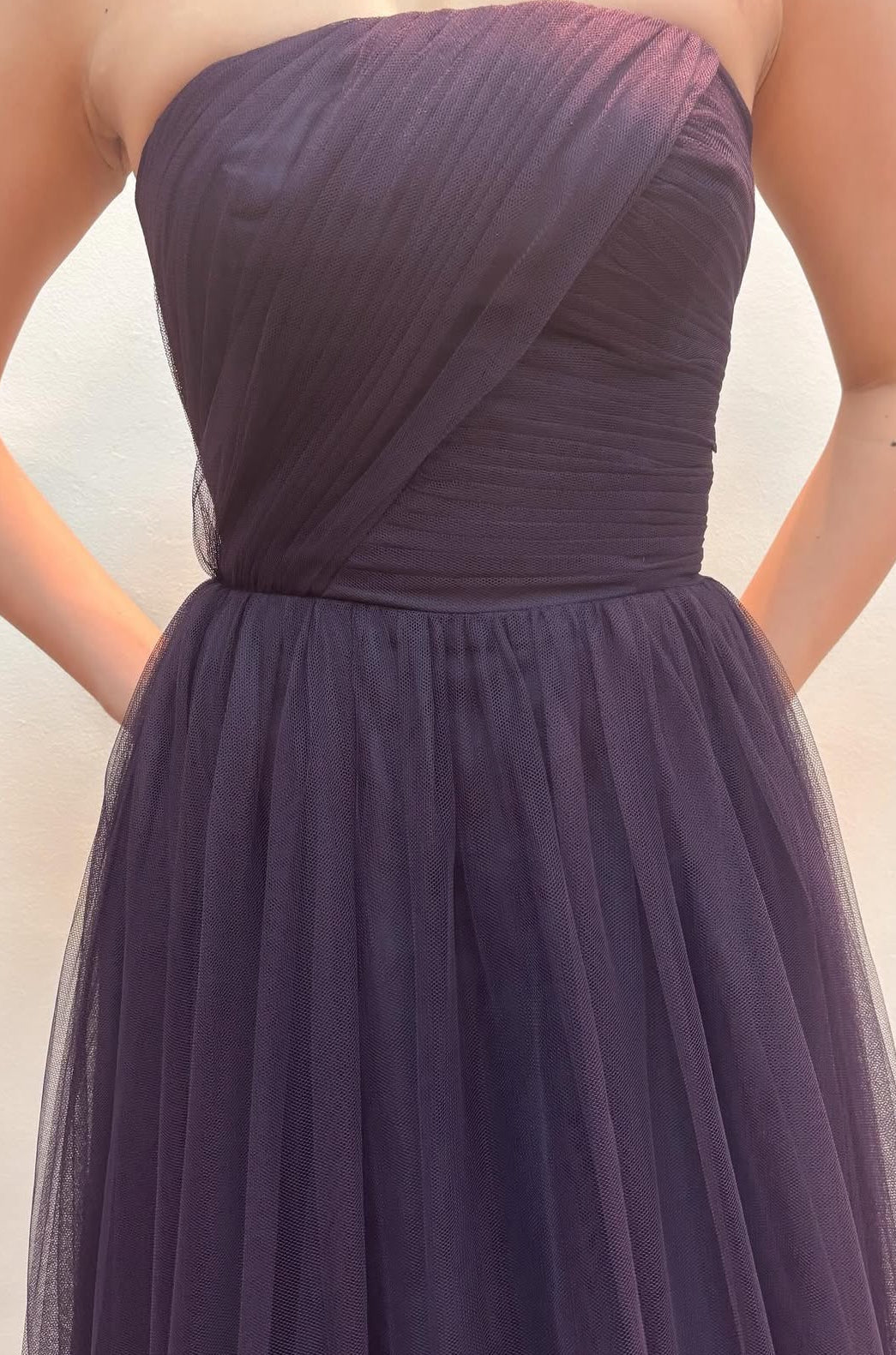 Strapless Purple A-Line Long Prom Dress Tulle Party Dress