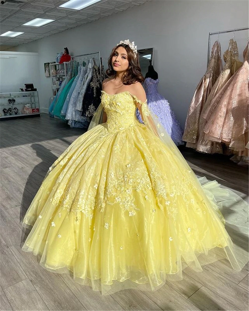 Yellow Ball Gown Quinceanera Dresses Prom Gowns 3D Flowers Beaded Sweet 15 Party Wear - View 2 | FashionDia