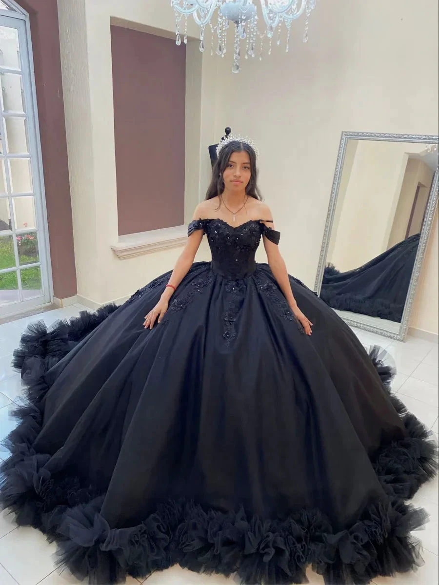 Ball Gown Black Quinceanera Dress Off the Shoulder Wedding Dress Gothic,Y2414 by simplepromdress