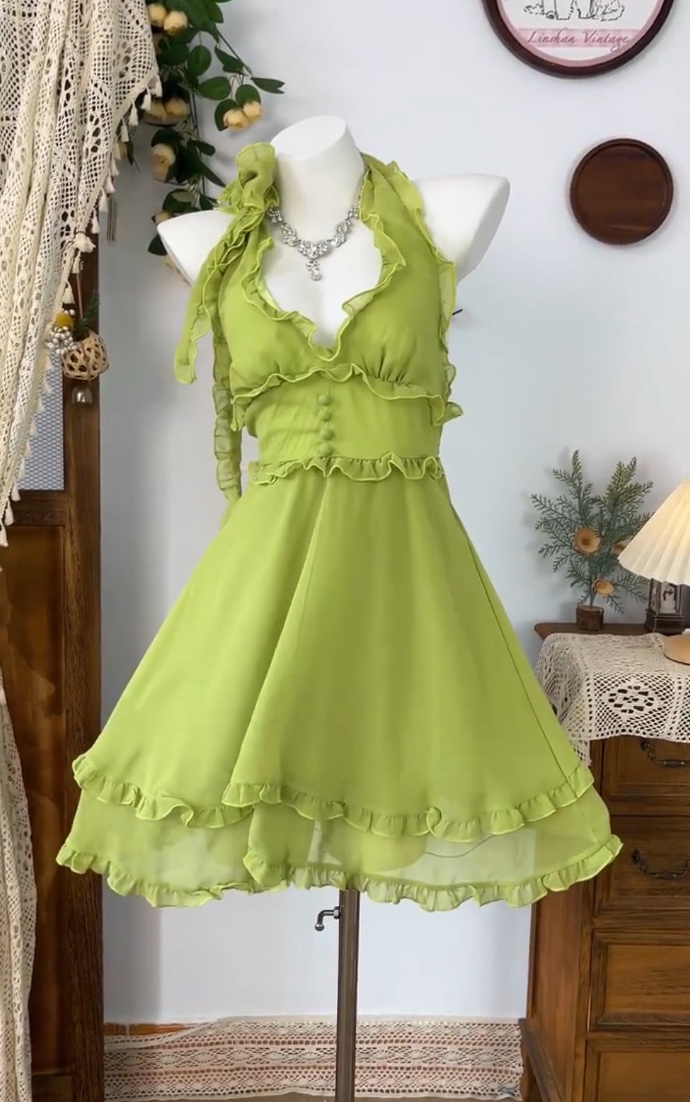 A-Line Green Chiffon Short Prom Dress Ruffle Homecoming Dress