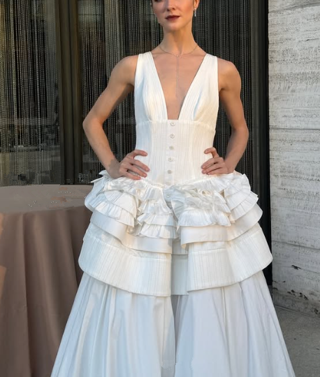 Classy Deep V Multi-Layered Satin A Line Evening Dress White Formal Prom Dress Y8145 - View 3 | VelvetHem