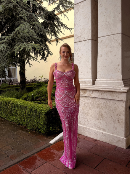 Gorgeous Pink Spaghetti Straps Sequin Beaded Long Evening Dress Formal Party Gown - View 5 | FashionDia