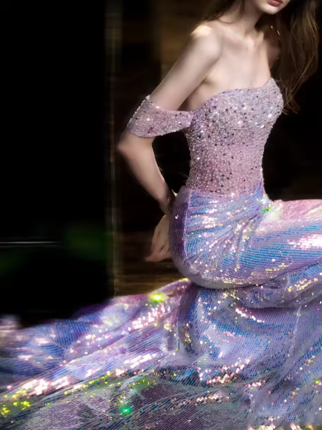 Glitter Off Shoulder Beaded Sequin Mermaid Prom Purple Formal Evening Gown Y8182 - View 5 | VelvetHem