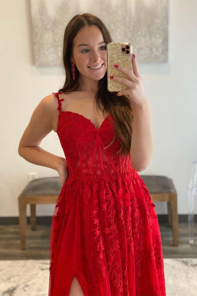 V Neck Tulle Red Lace Long Prom Dress with High Slit, Red Lace Formal Dress, Red Evening Dress Y217 - View 2 | VelvetHem
