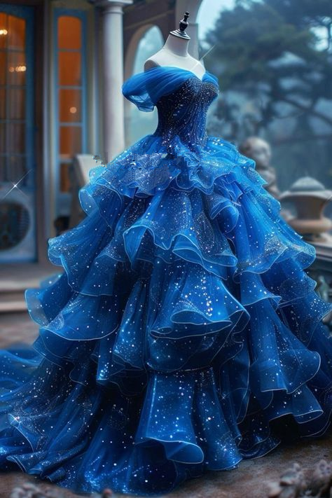 Glitter Blue Off The Shoulder Tulle Sequins Multi-Layered Prom Dress,A Line Ball Gown