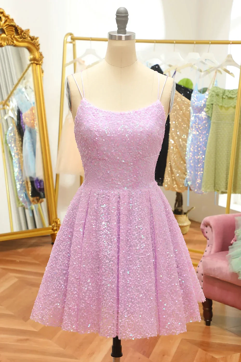 Lilac Sequins A-Line Lace-Up Homecoming Dress Y2994 by simplepromdress