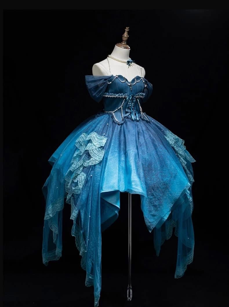 Unique Ombre Blue Sweetheart Neck Tulle Lace A Line Short Party Dress Off The Shoulder Birthday Outfits