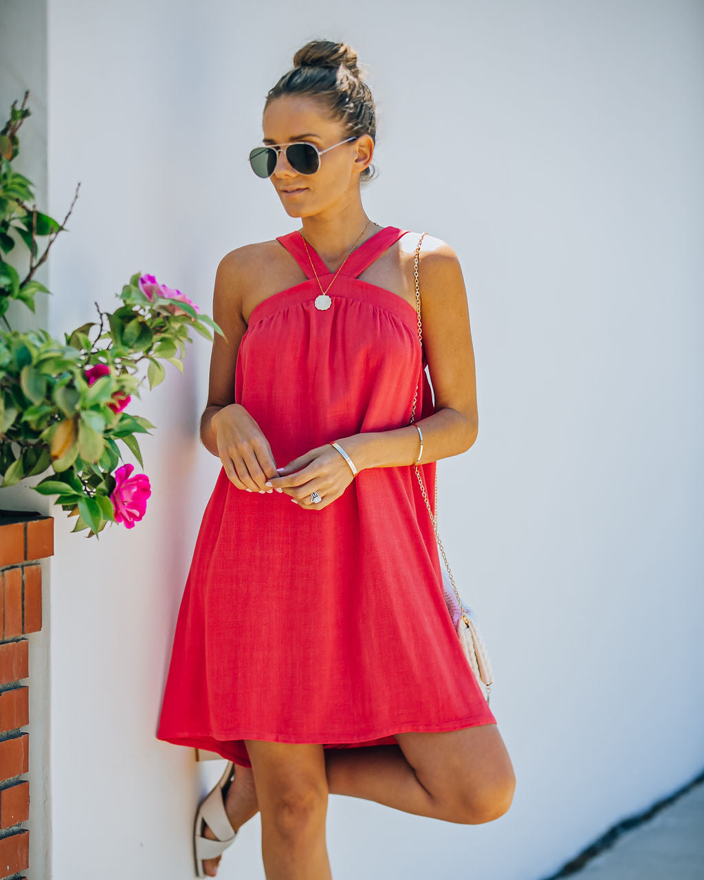 Hot Fun Linen Blend Halter Dress Hot Pink