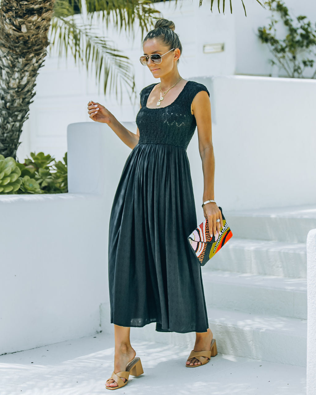 Naite Pocketed Smocked Midi Dress Black