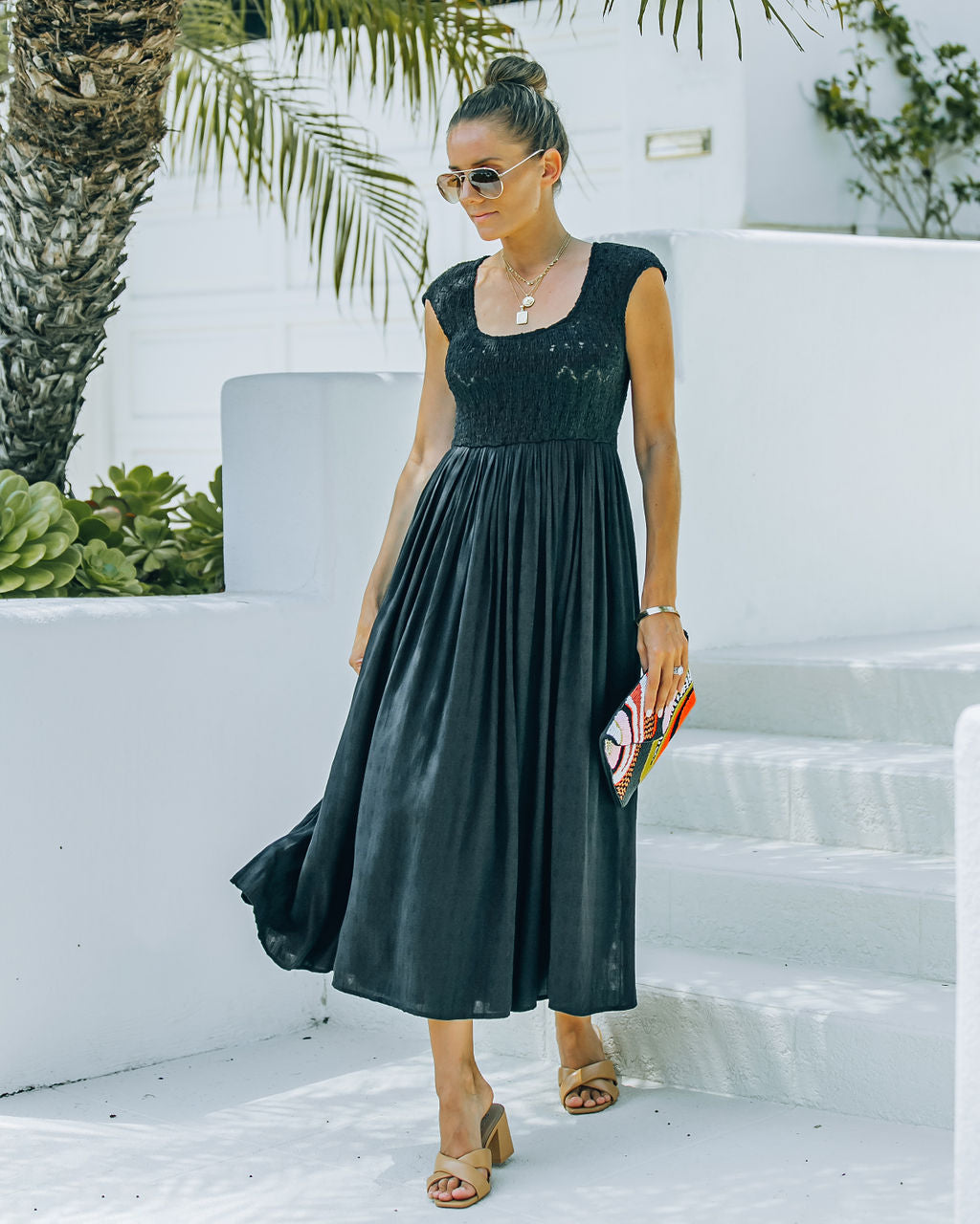 Naite Pocketed Smocked Midi Dress Black