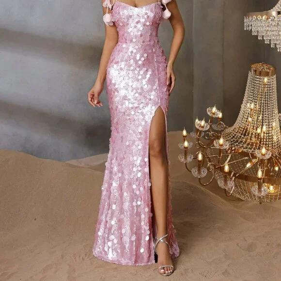 Sparkly Spaghetti Straps Pink Sequin Mermaid Slit Evening Dress Long Birthday Party Dress