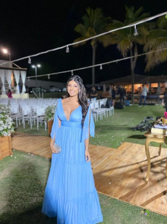 Deep V Neck Blue A-line Evening Dress,Blue Wedding Guest Outfit