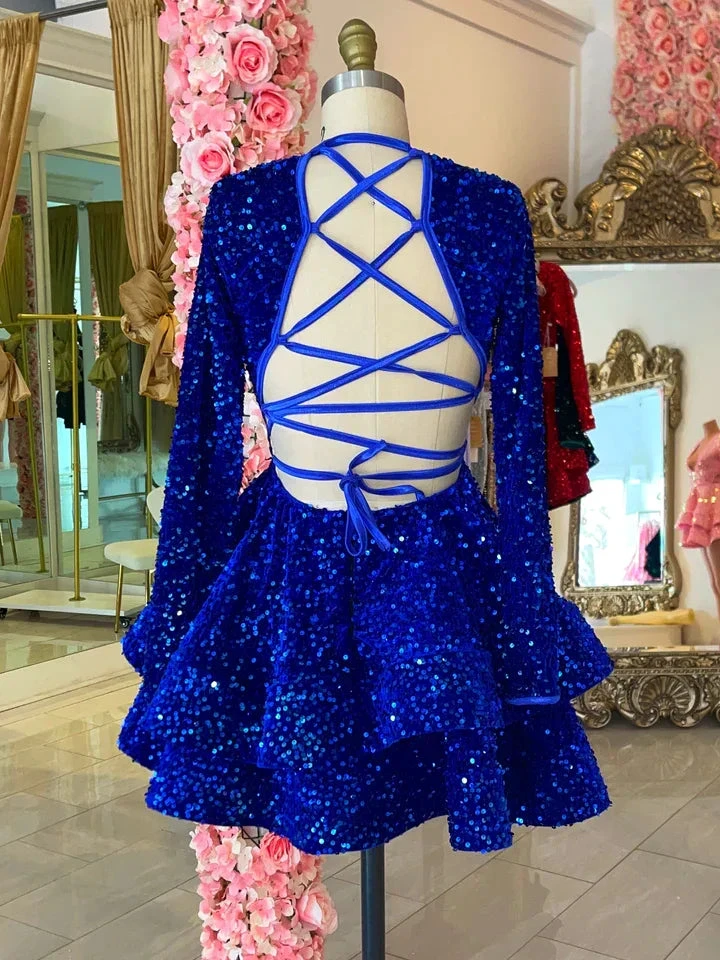 Royal Blue Sequins Homecoming Dress Backless Homecoming Dress (ZD12785)