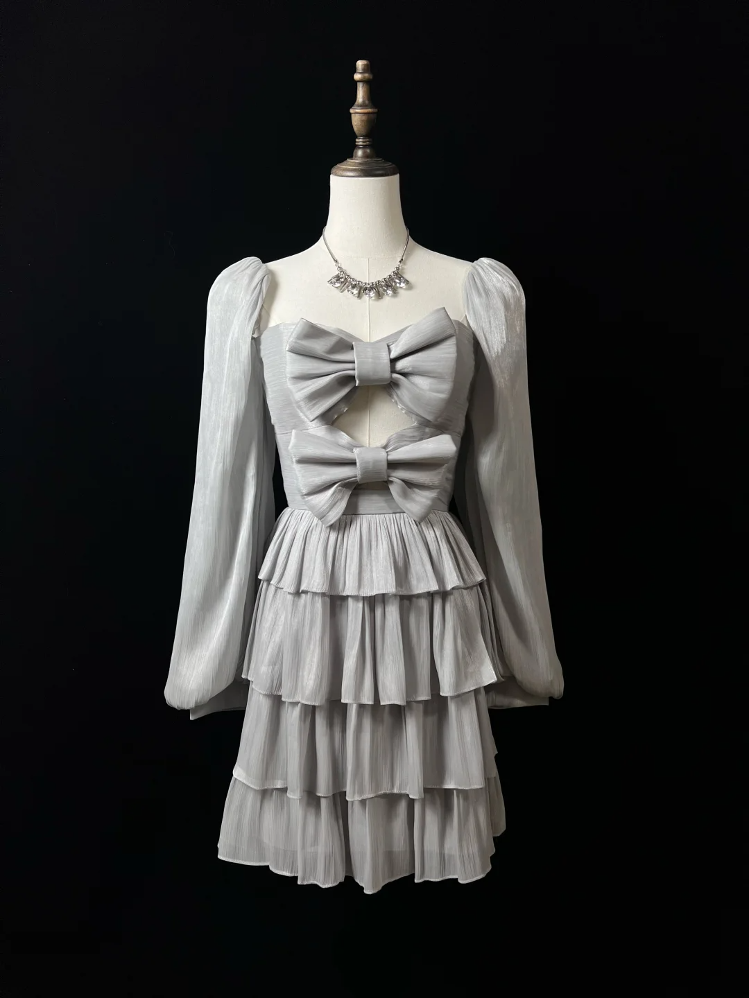 Cute Silver Gray Tulle Bow A-Line Layered Short Party Dress Homecoming Dress - FashionDia