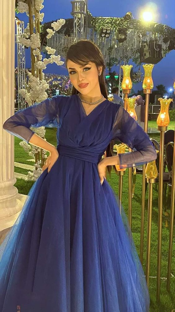 Classy A-line V Neck Long Sleeves Evening Dress