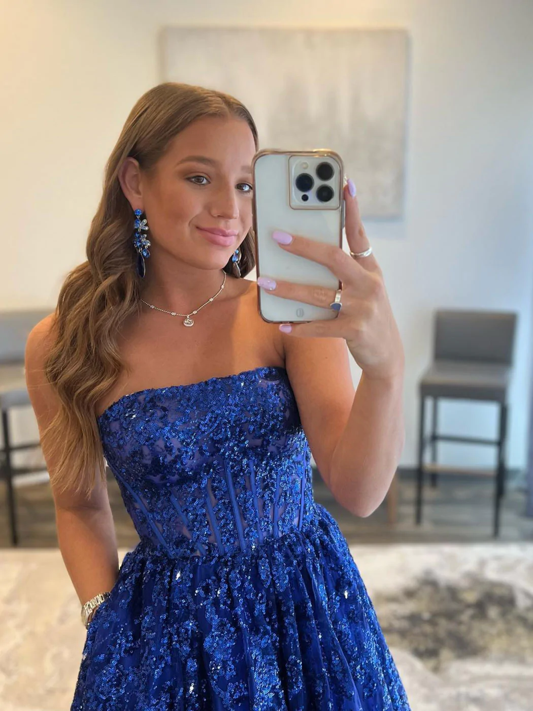 Blue A line tulle sequin long prom dress, blue tulle evening dress Y249 - View 2 | VelvetHem