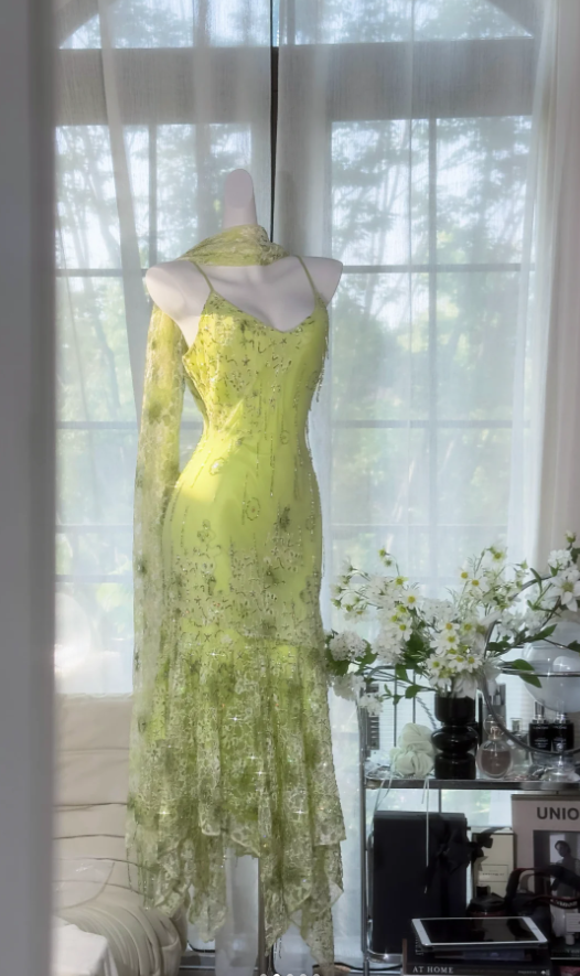 Classy Spaghetti Straps Light Green Chiffon Beaded Mermaid Evening Dress Long Party Dress - FashionDia