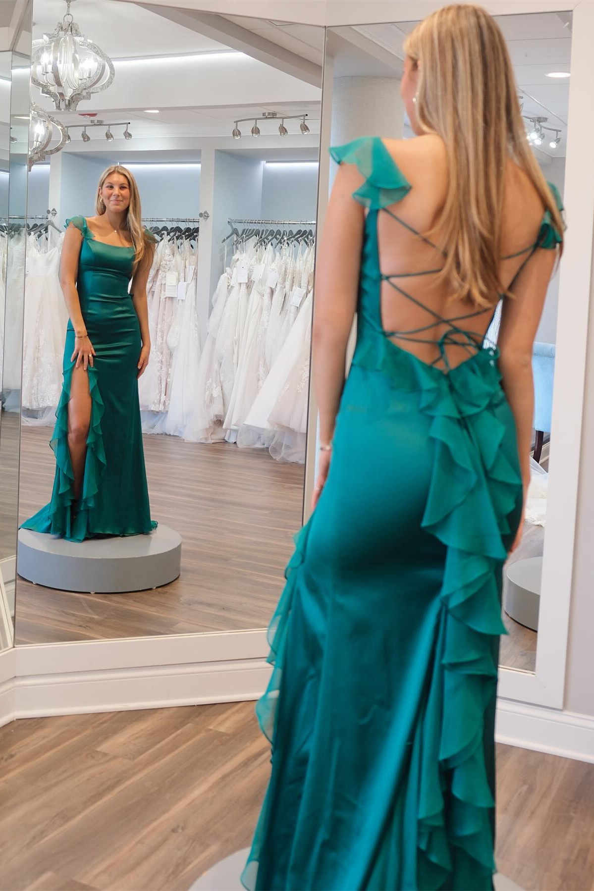 Emerald Green Square Neck Ruffle Slit Prom Dress - View 3 | VelvetHem