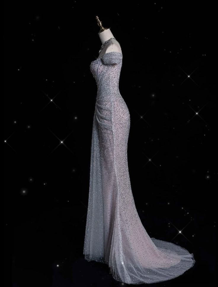 Sparkly Lilac Tulle Beaded Mermaid Off The Shoulder Evening Dress Long Prom Dress Y8054 - View 6 | VelvetHem