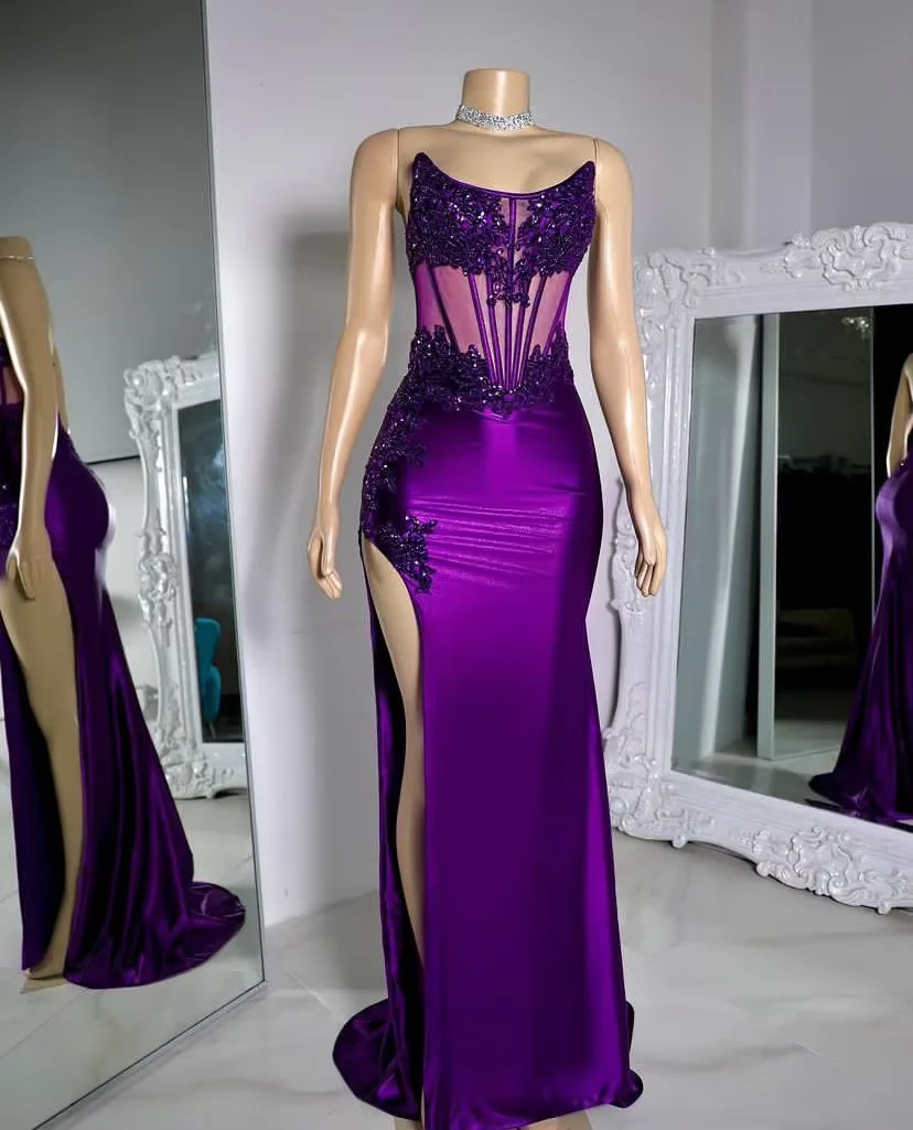 Luxury Purple Satin Lace Appliques Evening Dress,Mermaid Slit Party Prom Dress