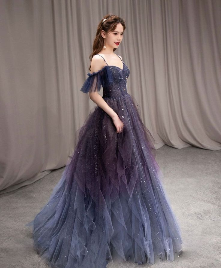 Dark starry sky purple tulle long prom dress purple evening dress Y5847 - View 2 | VelvetHem