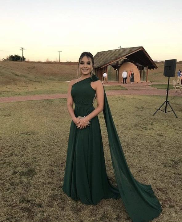 Green Chiffon One Shoulder Evening Dress Y5774 - VelvetHem
