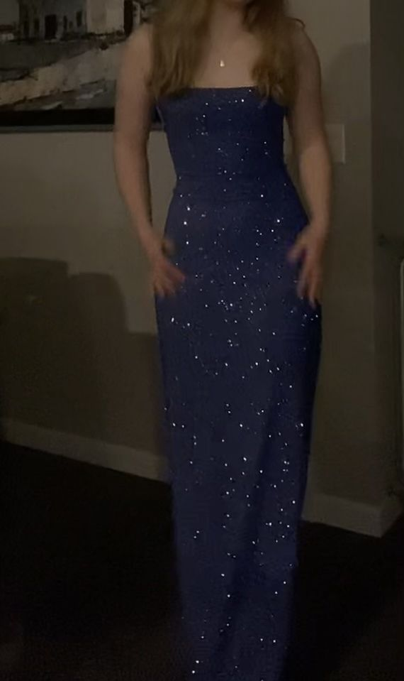Elegant Blue Spaghetti Straps Satin Sequin Sheath Evening Dress Prom Gown Long Wedding Guest Dress