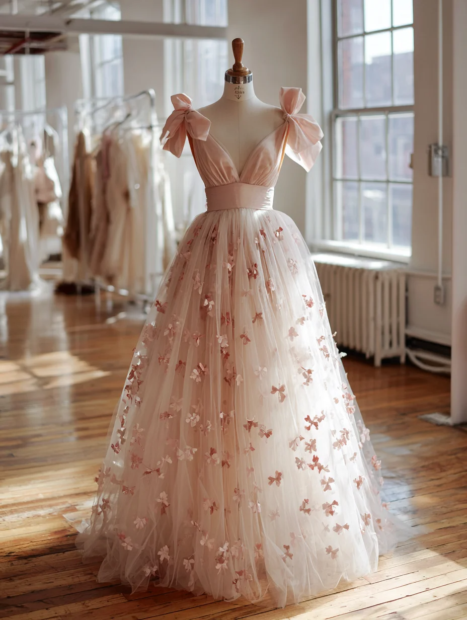 Sweet Pink Satin Tulle With Petals Long Prom Dress Evening Gowns D2474