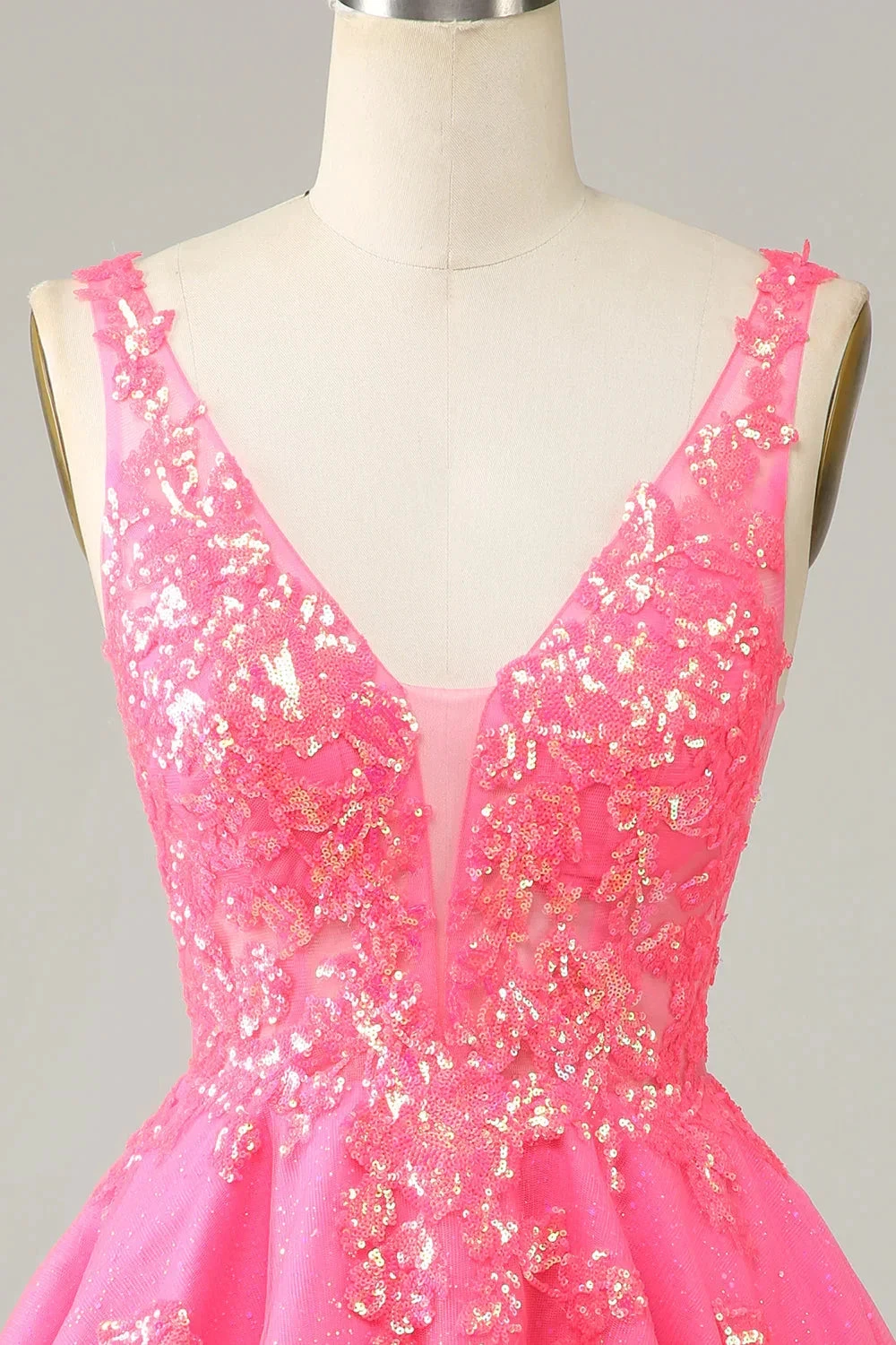 Fuchsia Sequined V Neck Backless Short Homecoming Dress (ZD12696)