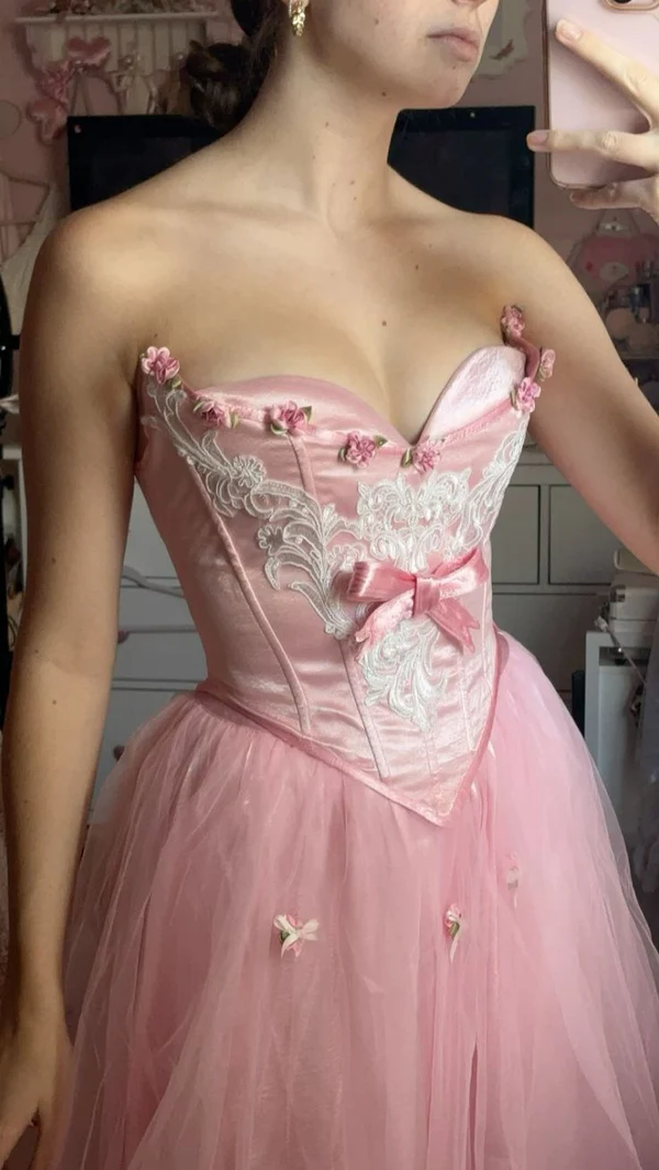Cute Pink Strapless Satin Tulle Appliques A-Line Long Birthday Prom Dresses Formal Wedding Guest Dress Party Gown - FashionDia
