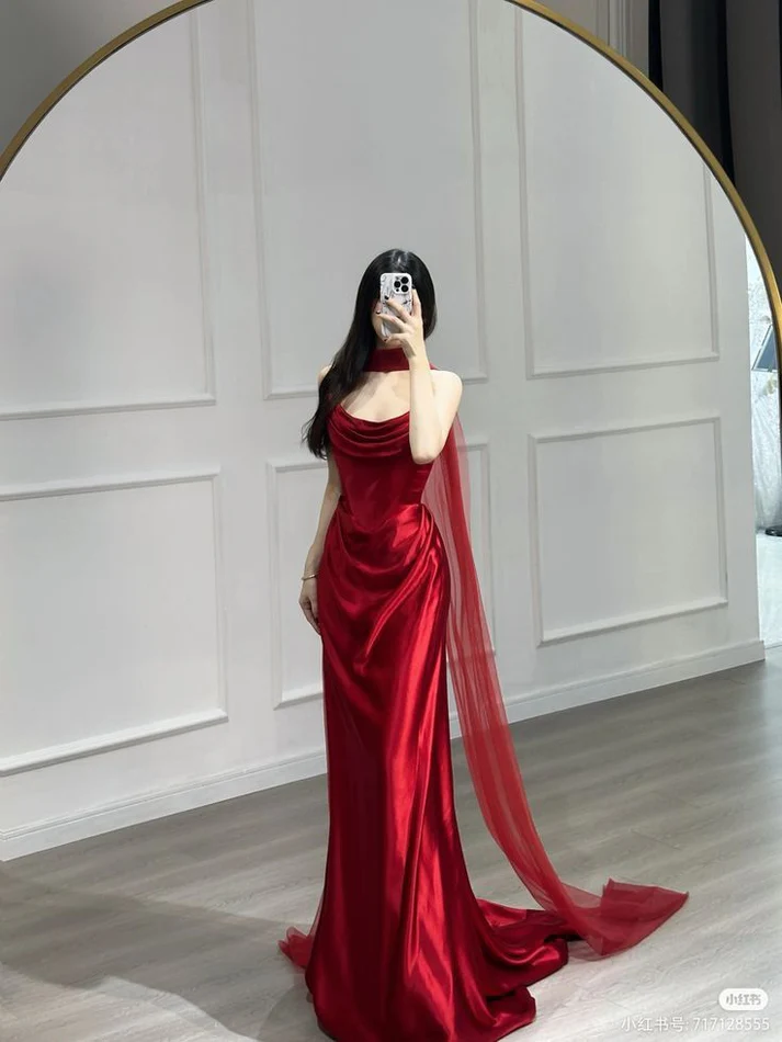 Red Satin Long Birthday Evening Dress Formal Prom Dress